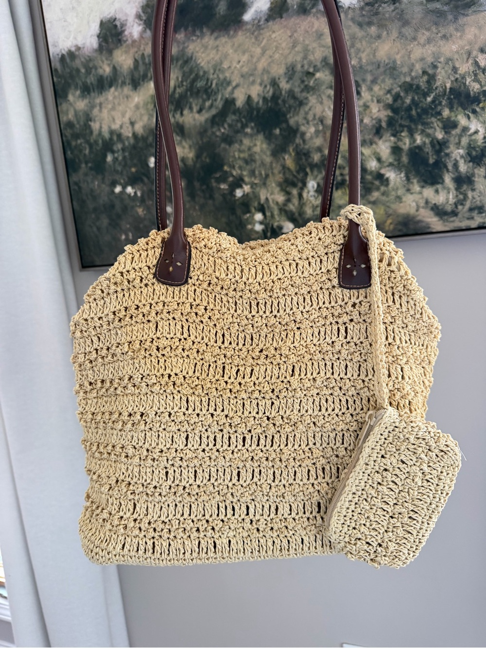 Sonoma Crochet Woven Straw Shoulder Tote in Beige with Dark Brown Handles - Picture 8 of 8